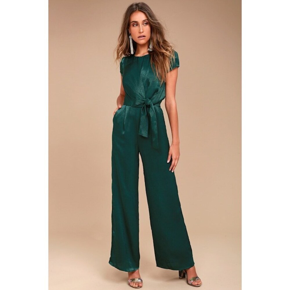 Lulus Let Me Entertain You Forest Green Satin Wide-leg Jumpsuit - Size S